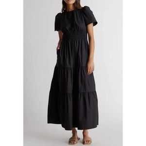 Quince Black Organic Cotton Tiered Maxi Dress size Medium and large Pockets